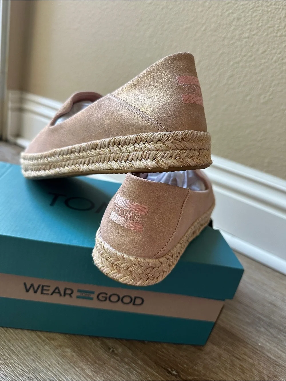TOMS Women’s Carolina Espadrille Slip-On Shoes in Pale Rose Metallic suede